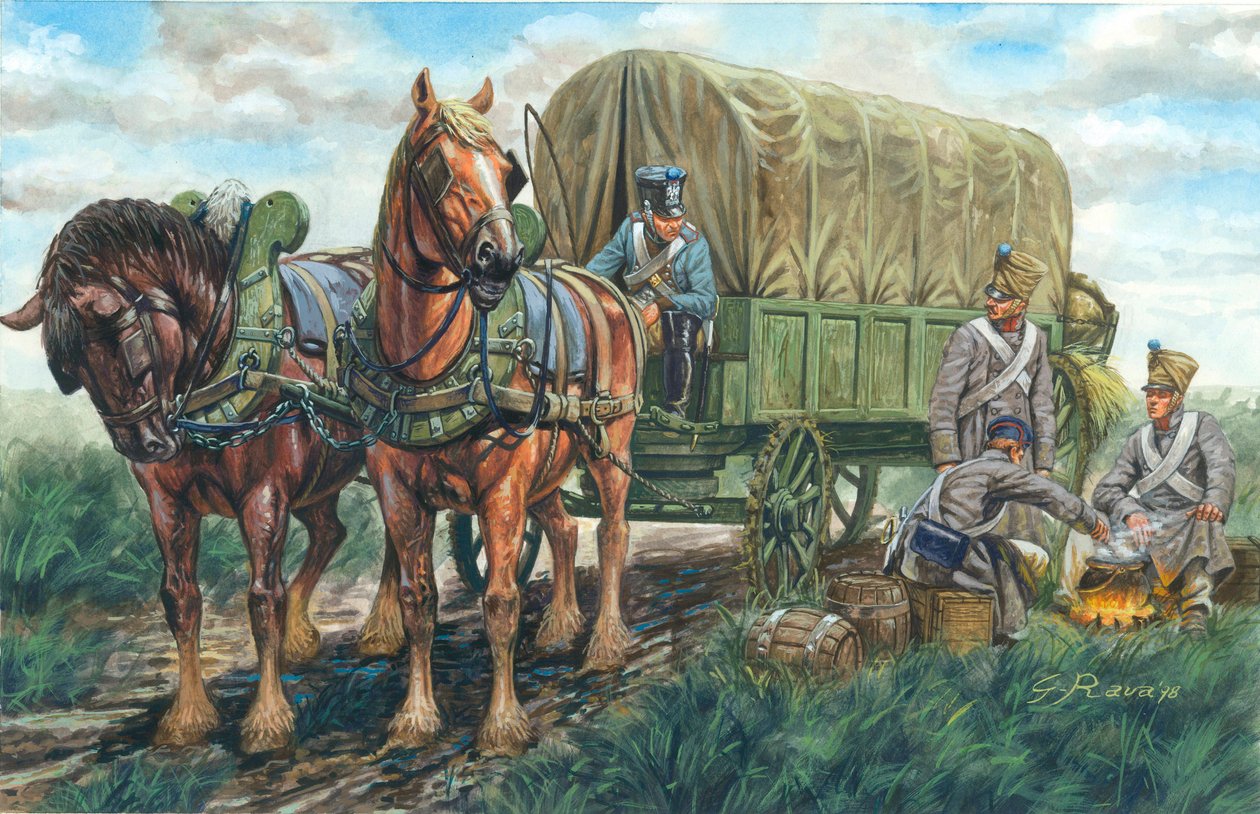 Første imperium: vognen til transport af mad fra det franske regiment - Første imperium: Fransk vogn til transport af mad - Illustration af Giuseppe Rava af Giuseppe Rava