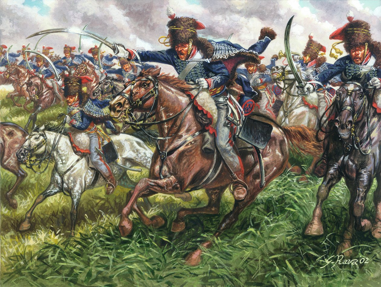 First Empire: angrebet af det 15. regiment engelske dragoner i slaget ved Waterloo den 18. juni 1815 - First empire: charge of the 15th regiment of british dragoons in Waterloo on 18th June 1815 - Illustration af Giuseppe Rava af Giuseppe Rava