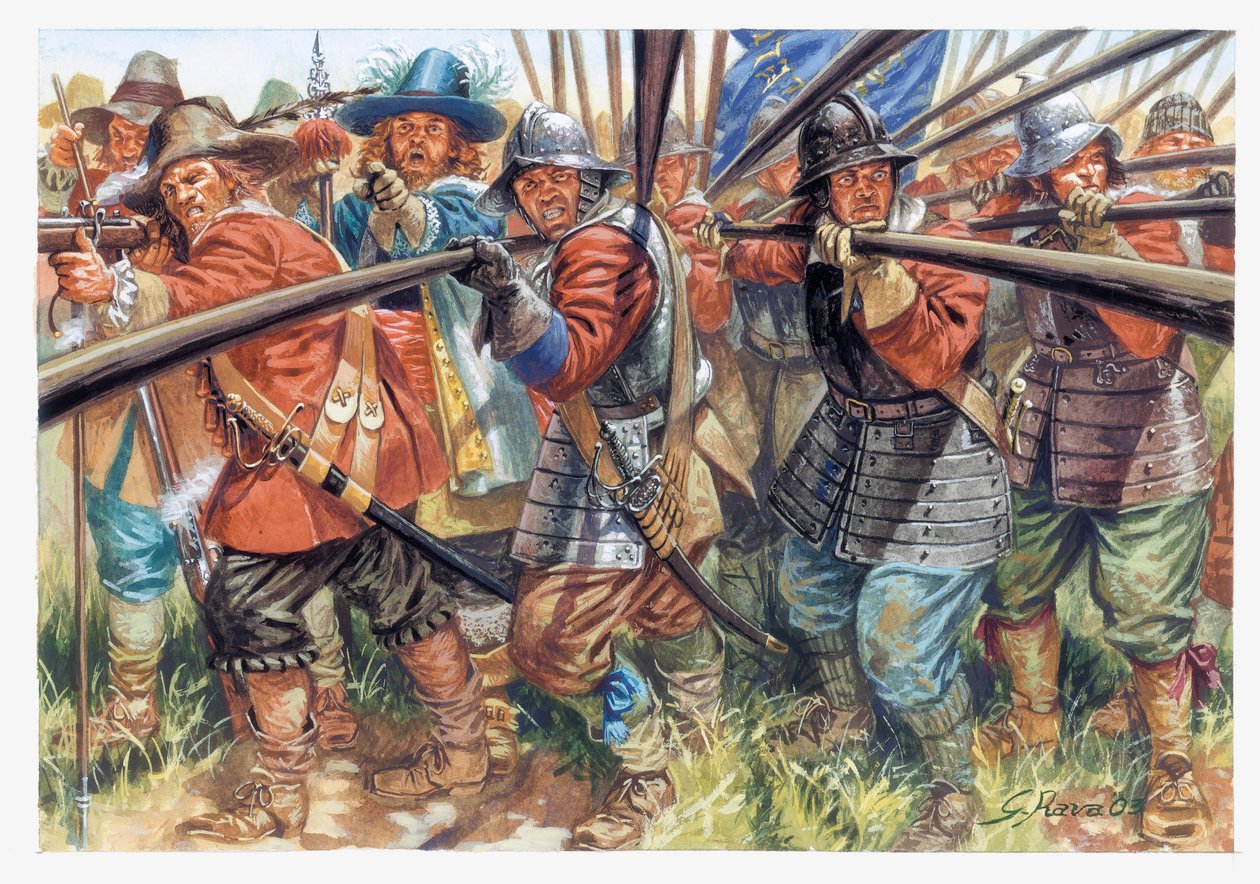 Den første engelske revolution (1641-1649): Infanterister fra Oliver Cromwells New Model Army (1599-1658) - Den engelske borgerkrig: Pikenerer fra Oliver Cromwells New Model Army - Illustration af Giuseppe Rava af Giuseppe Rava