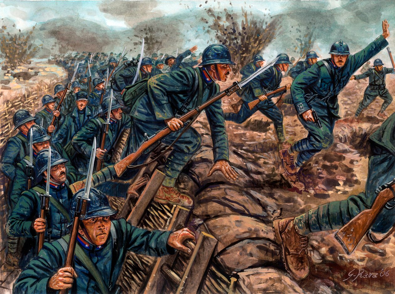 Første Verdenskrig: Det italienske infanteris angreb - WWI: Italienske soldater angriber fra en skyttegrav - Illustration af Giuseppe Rava af Giuseppe Rava