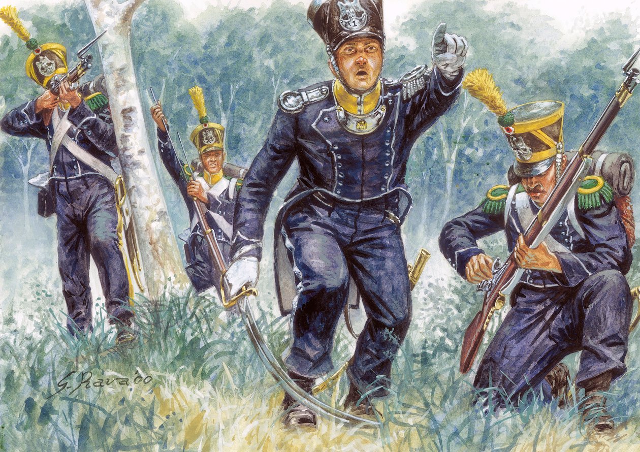 Det første imperium: lette infanteri-voltigeurer i skoven - Det første imperium: Det lette infanteris voltigeører i skoven - Illustration af Giuseppe Rava af Giuseppe Rava