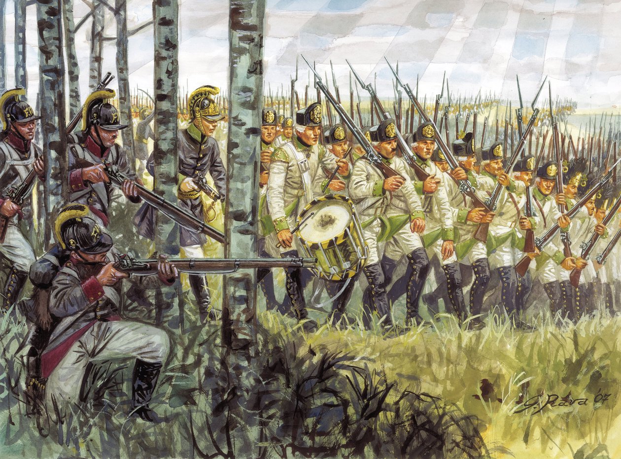 Det første kejserrige: soldater fra det østrigske infanteri i fremrykning omkring 1798 - 1805 - Det første kejserrige: soldater fra det østrigske infanteri marcherende af Giuseppe Rava