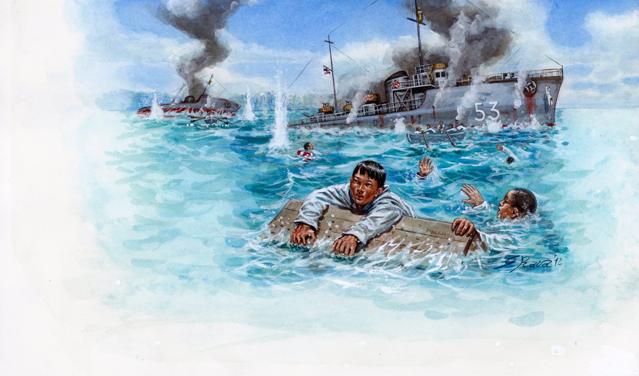 Fransk-thailandske krig (1940-1941): søslag mellem den thailandske hær under general Plaek Pibulsonggram dit Phibun og den franske hær under Vichy-regeringen i Indokina - Fransk-thailandske krig: søslag mellem Thailand og Vichy-Frankrig - Illustra af Giuseppe Rava