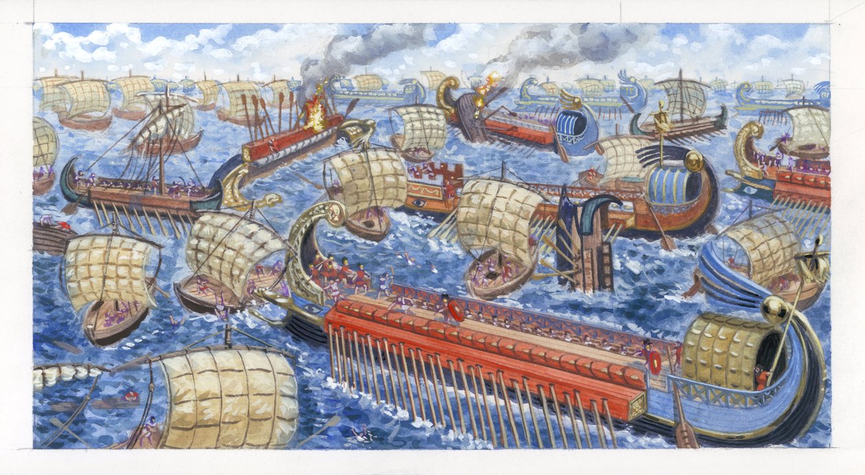 Gnaeus Pompeius Magnus besejrer de ciliciske pirater i kamp af Giuseppe Rava