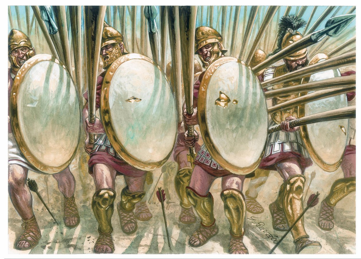 Kongeriget Makedonien: De makedonske falangisters angreb - De makedonske falangitters angreb - Illustration af Giuseppe Rava af Giuseppe Rava
