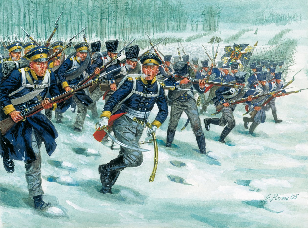 Landwehr (eller Landeswehr) af det preussiske infanteri i snevejr af Giuseppe Rava