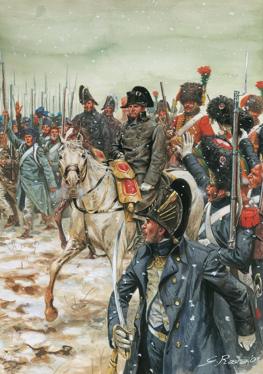 Længe leve kejseren! Kejser Napoleon I (1769-1821) en hest omringer hans hær under det franske felttog i januar 1814" - Den sjette koalitionskrig, slag i Frankrig, kejser Napoleon I omringet af sin hær under det franske felttog - Illustration af G af Giuseppe Rava