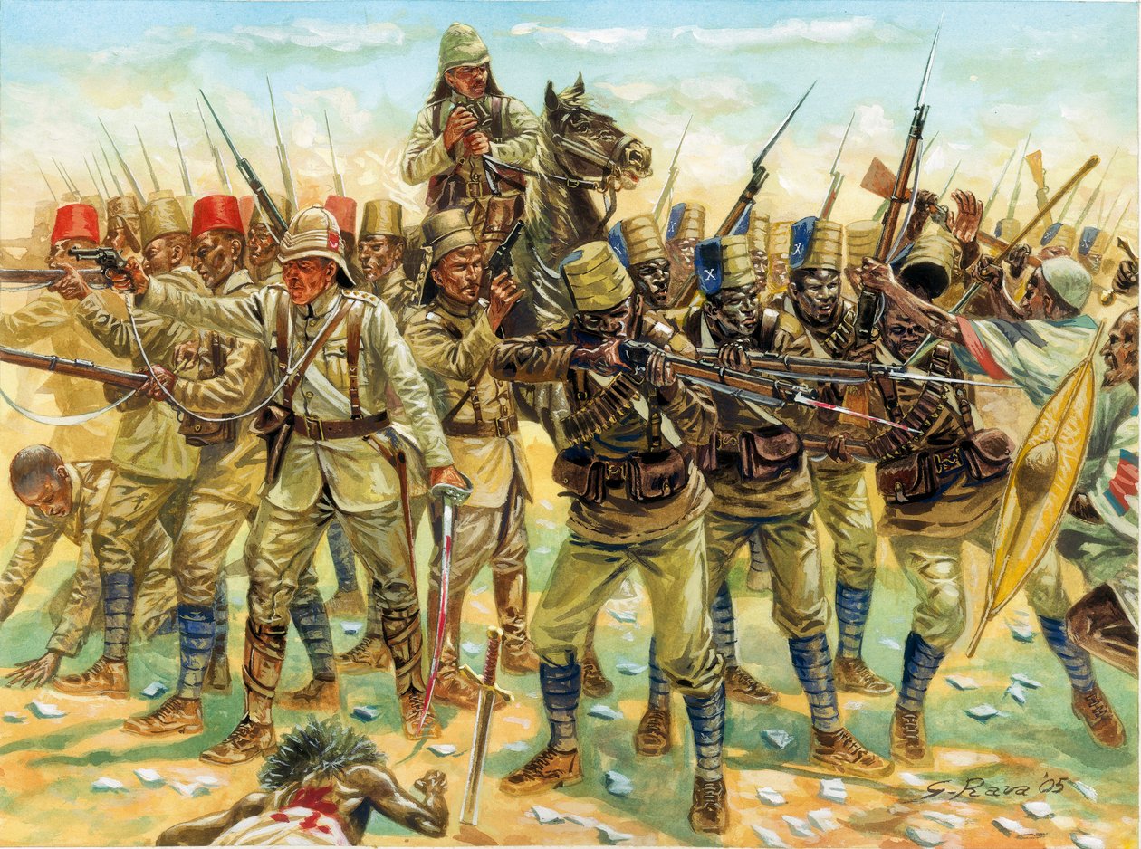 Mahdistkrigen (Sudankrigen) (1881-1899): styrker til stede i slaget ved Omdurman (til højre de sudanesiske dervisher og til venstre den anglo-egyptiske hær) den 2.9.1898 - Mahdistkrigen (eller Mahdistoprøret): Slaget ved Omdurman (2. september 1898) mellem af Giuseppe Rava