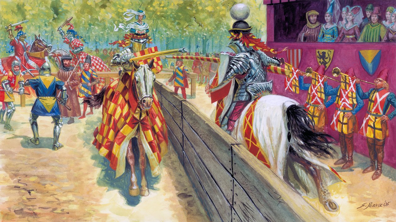 Middelalderen: Chevaleresque turneringsscene - turnering (tourney), ridderlig dyst - af Giuseppe Rava