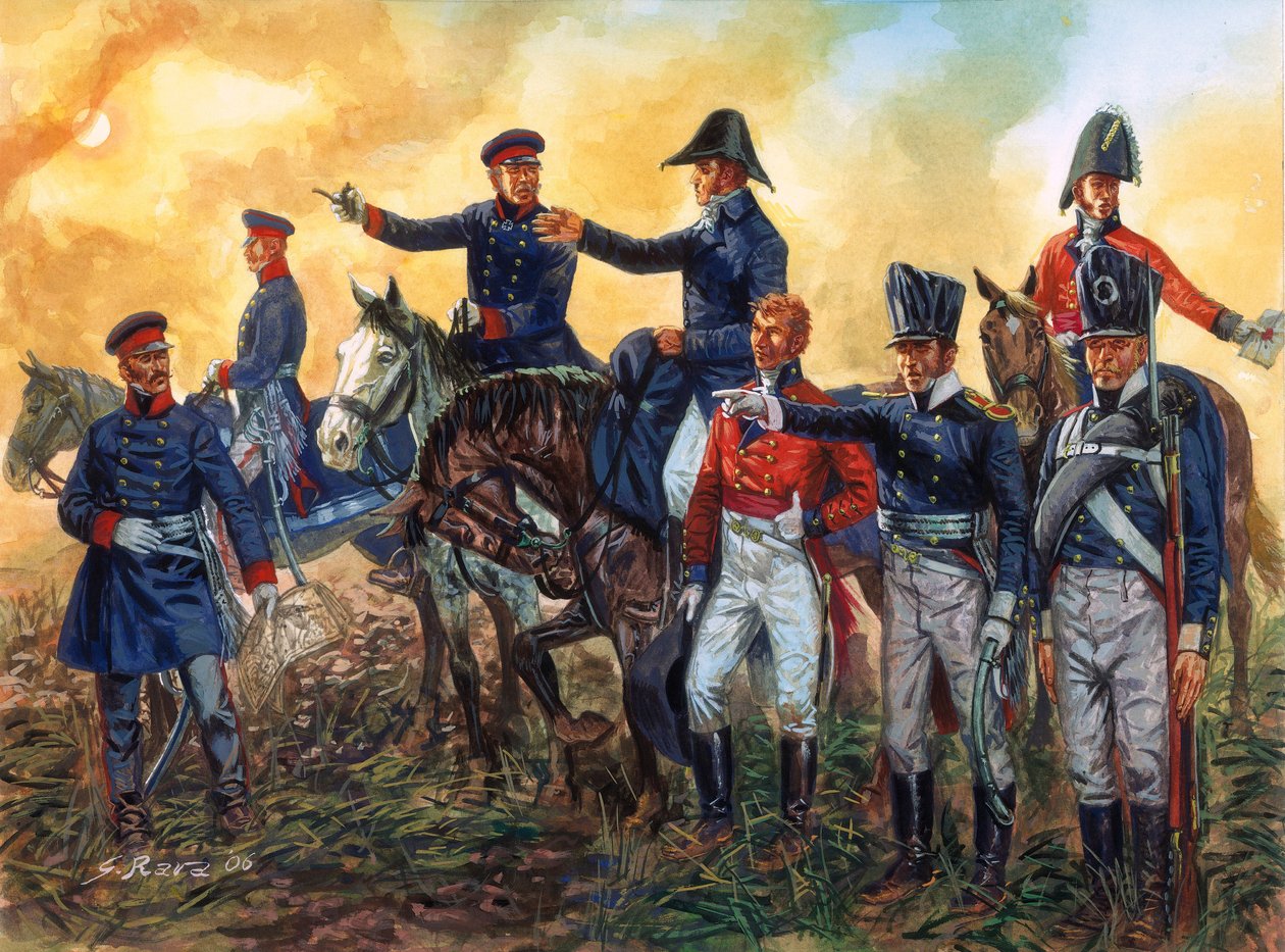 Napoleonskrigen: Arthur Wellesley, hertug af Wellington (1769-1852) kommanderer de britiske tropper og Gebhard Leberecht von Blucher (1742-1819) kommanderer den preussiske hær i slaget ved Waterloo 18/06/1815 - (Napoleonskrigene: kommandanter hertug af Wel af Giuseppe Rava