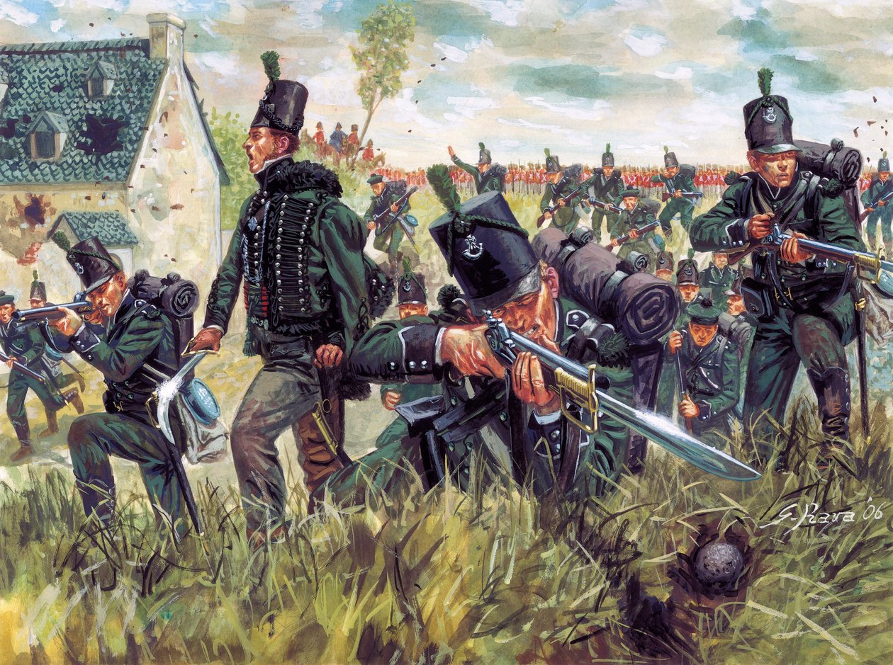 Napoleonskrigen: Britiske geværskytter fra 95th Regiment of Rifliers forsvarer et sandbrud under slaget ved Waterloo 18/06/1815 - (Napoleonskrigen: Britiske geværskytter forsvarer et sandbrud under slaget ved Waterloo den 18. juni 1815) Illustration af Giu af Giuseppe Rava