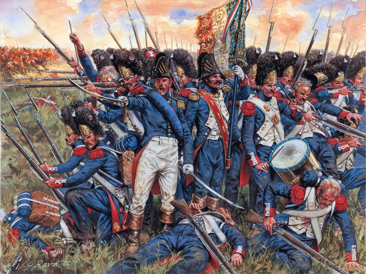 Napoleonskrigen: den store armee under slaget ved Waterloo 18. juni 1815 skubbet ind i sit sidste hjørne - Napoleonskrigen: den store armee under slaget ved Waterloo 18. juni 1815 skubbet ind i sit sidste hjørne - Illustration af Giuseppe Rava af Giuseppe Rava
