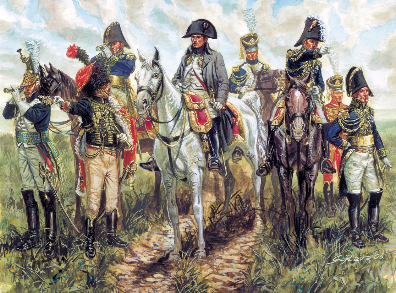 Portræt af Napoleon I (1769-1821) og hans stab - Portræt af den franske kejser Napoleon I og hans stab - Illustration af Giuseppe Rava af Giuseppe Rava