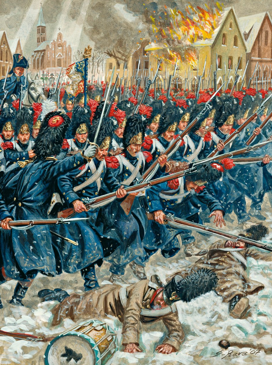 Det preussiske felttog: "Våbnet i armen" Grenaderer fra den kejserlige garde i slaget ved Eylau den 8/02/1807 - Det preussiske felttog: Slaget ved Eylau (eller Slaget ved Preussisch-Eylau) den 7. og 8. februar 1807 mellem Napoleons Grande Armee og en russi af Giuseppe Rava
