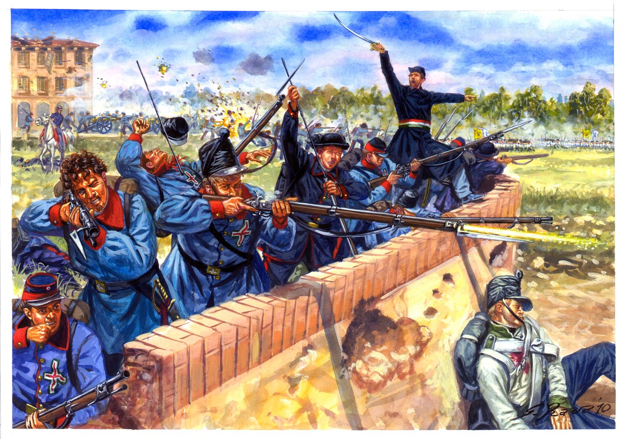 Risorgimento, Første italienske uafhængighedskrig, italienske studerende under slaget ved Curtatone og Montanara den 29. maj 1848 - Første italienske uafhængighedskrig, italienske studerende under slaget ved Curtatone og Montanara, den 29. maj 1848 - Illus af Giuseppe Rava