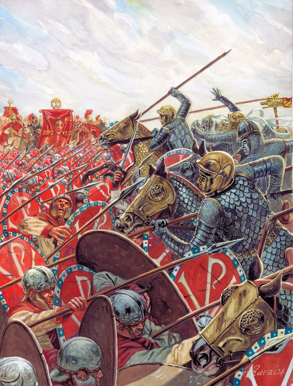 Romersk antikvitet: Slaget ved Milviusbroen den 28/10/312 mellem Konstantin og Maxentius nær Rom, Italien - Slaget ved Milviusbroen mellem de romerske kejsere Konstantin I og Maxentius den 28. oktober 312 nær Rom - Illustration af Giuseppe Rava af Giuseppe Rava