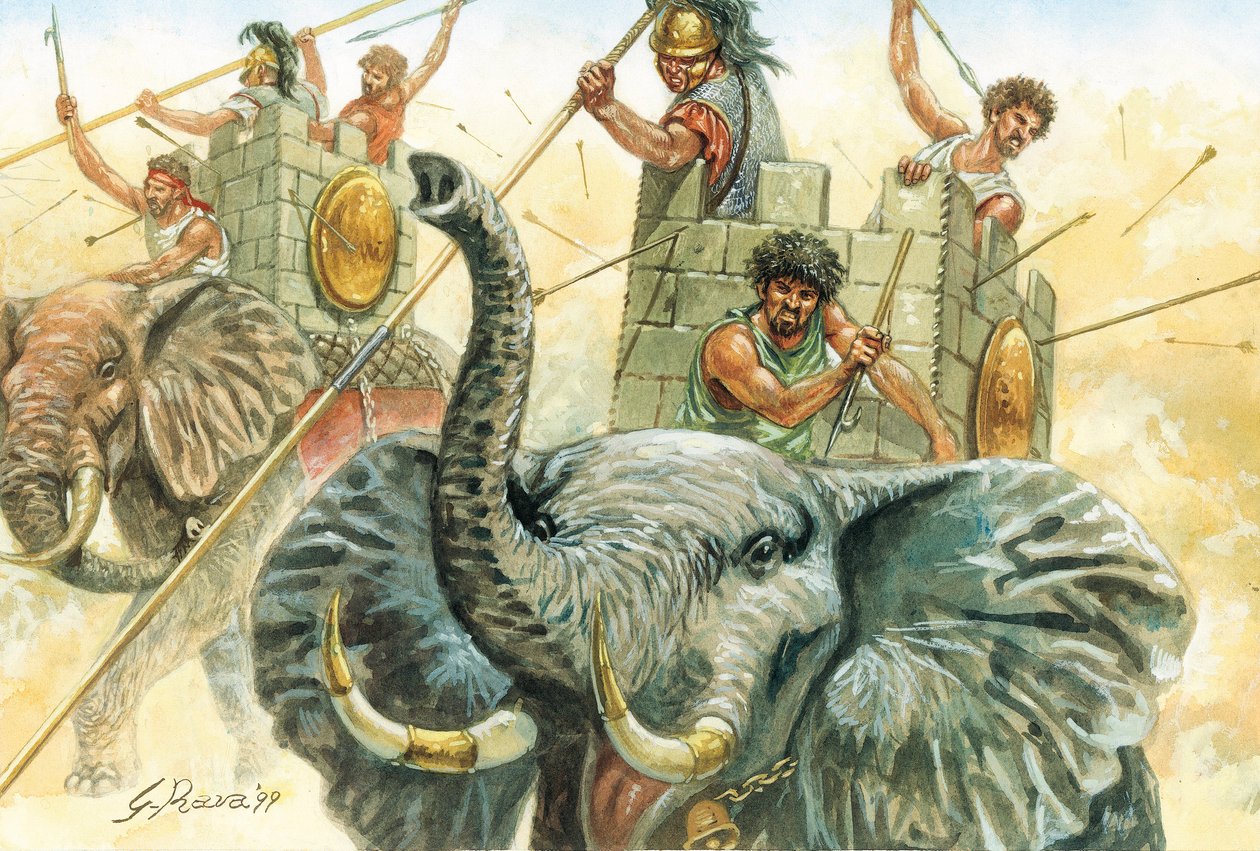 Romersk antikvitet: Hannibals elefanter - fremstilling af elefanter, der gjorde det muligt for general Hannibal (247-183 f.Kr.) at krydse Alperne i 218 f.Kr. under den anden puniske krig Illustration af Giuseppe Rava af Giuseppe Rava