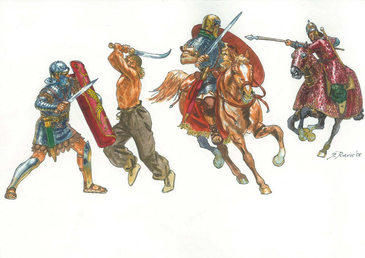 Romersk legionær kæmper mod en dakisk kriger og romersk rytter mod en sarmatisk katafraktor af Giuseppe Rava