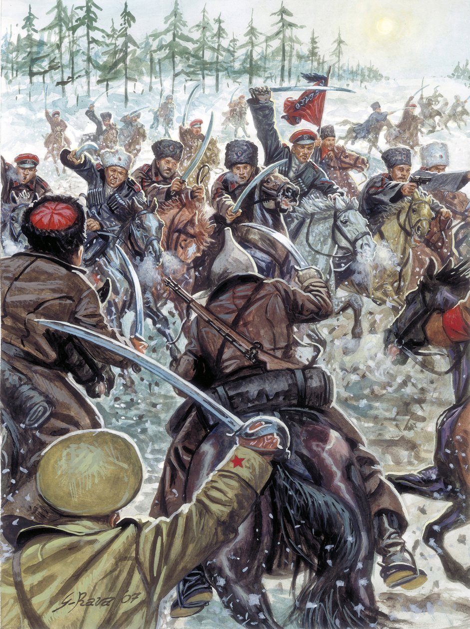 Den russiske borgerkrig (1917-1923): Kaukasus-soldater ved de hvide hæres side i 1919 - Russisk borgerkrig: Kosakkerne kæmper mod den hvide russiske hær i 1919 - Illustration af Giuseppe Rava af Giuseppe Rava