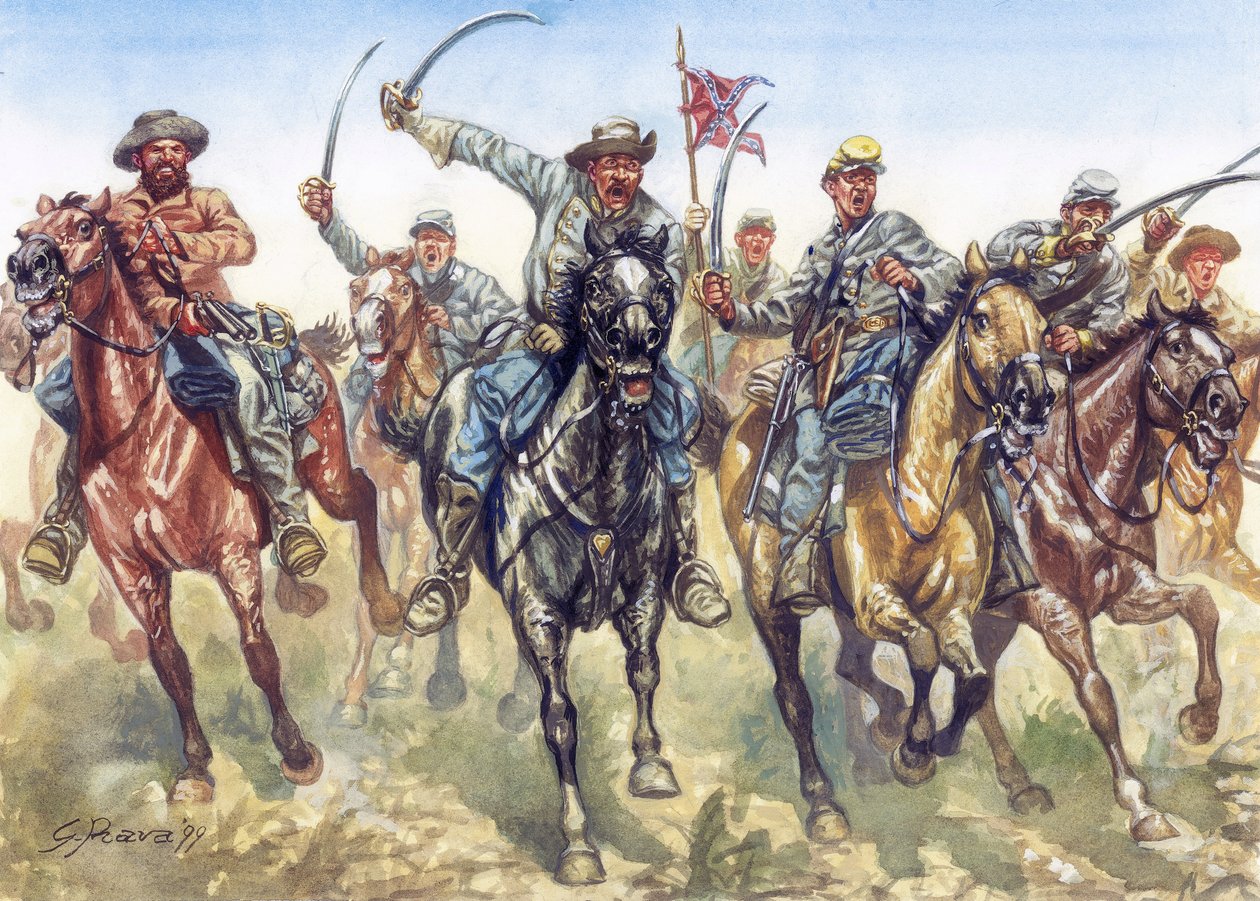 Separationskrigen (1861-1865) - Den amerikanske borgerkrig: Konføderationens kavaleri angriber - Illustration af Giuseppe Rava af Giuseppe Rava