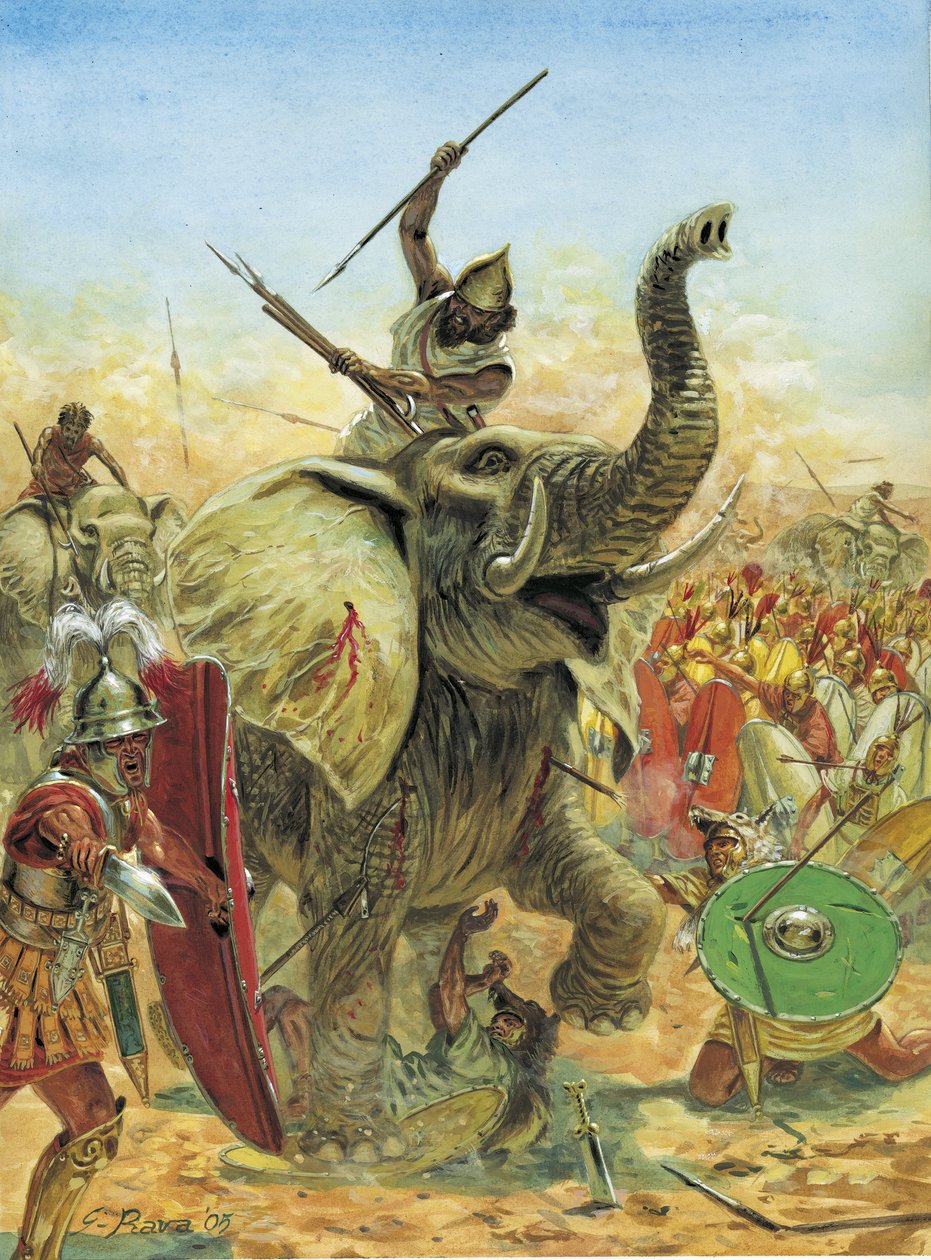 Anden Puniske Krig: Slaget ved Zama (202 f.Kr.) De karthagiske elefanter af Giuseppe Rava