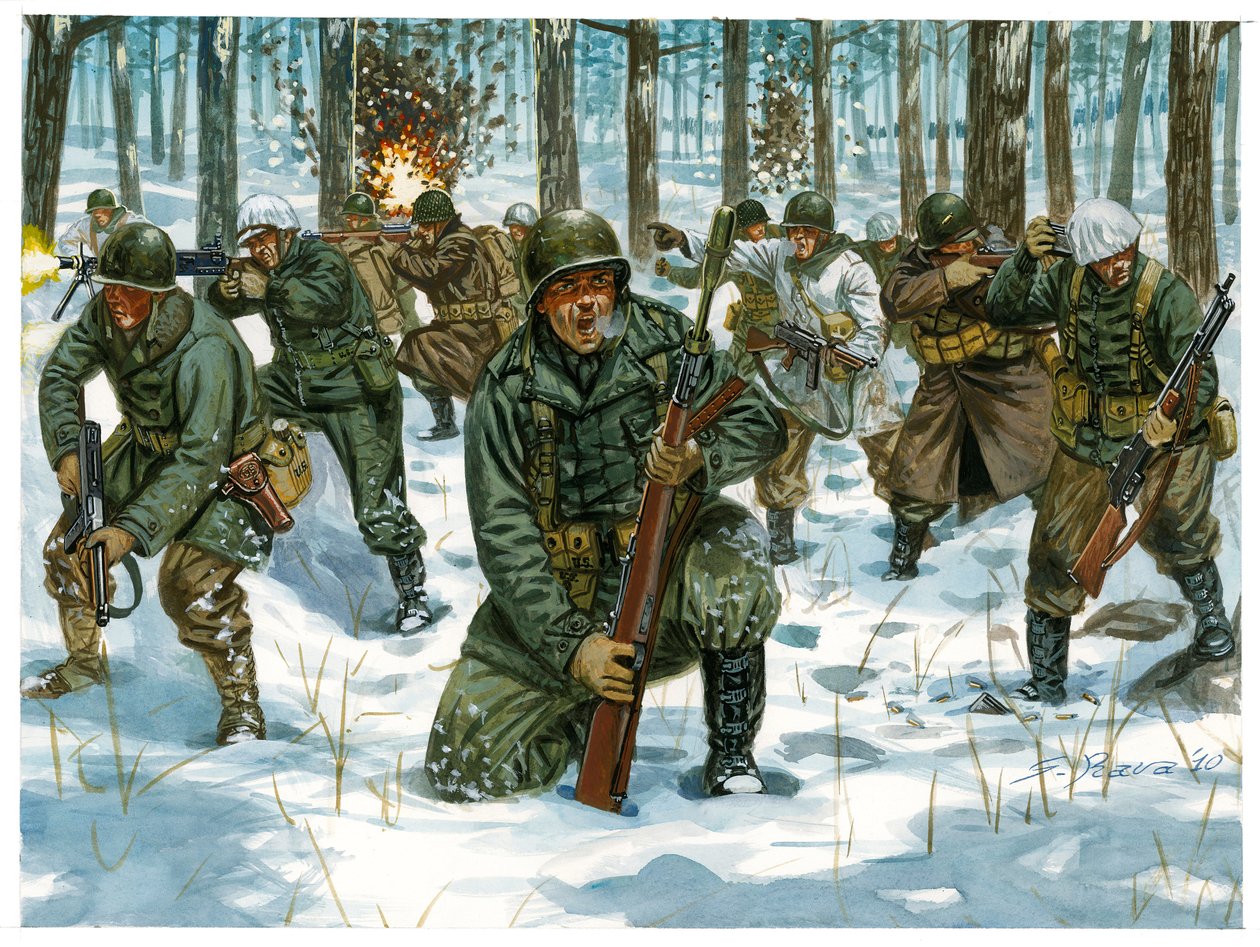 Anden Verdenskrig: Amerikansk infanterioffensiv under Ardenner-slaget i Bastogne, december 1944 - Anden Verdenskrig: Amerikansk offensiv under Ardenner-slaget, december 1944 - Illustration af Giuseppe Rava af Giuseppe Rava