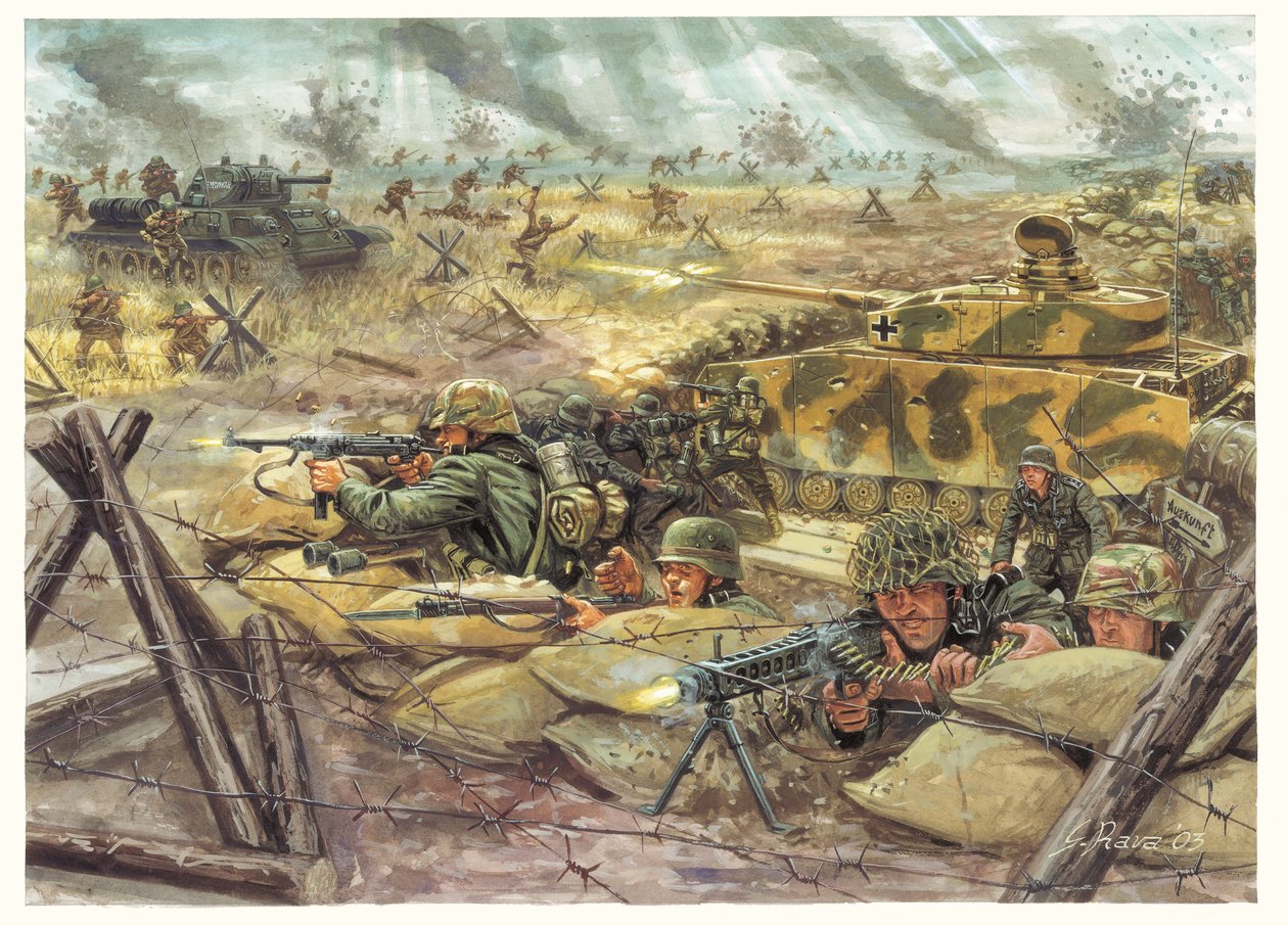 Anden Verdenskrig: Slaget om Kursk i 1943 mellem tyske og sovjetiske styrker - WWII: Slaget om Kursk mellem tyske og sovjetiske styrker i 1943 - Illustration af Giuseppe Rava af Giuseppe Rava