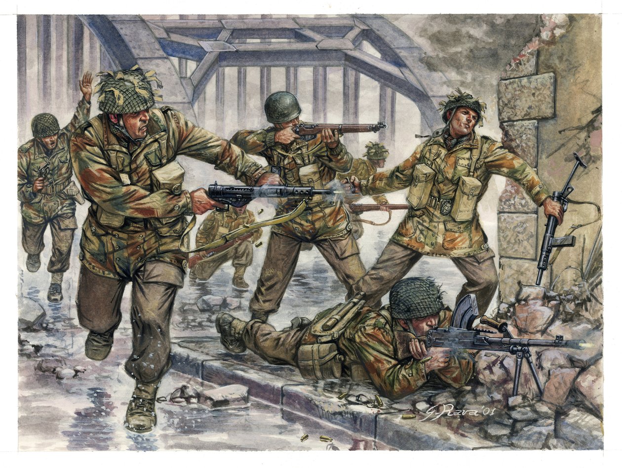 Anden Verdenskrig: Engelske faldskærmstropper med tilnavnet "Red Devils" under Operation Market Garden i Holland i september 1944 - WWII: Operation Market Garden, de britiske faldskærmssoldater kendt som de røde djævle, i september 1944 - Illustration af G af Giuseppe Rava