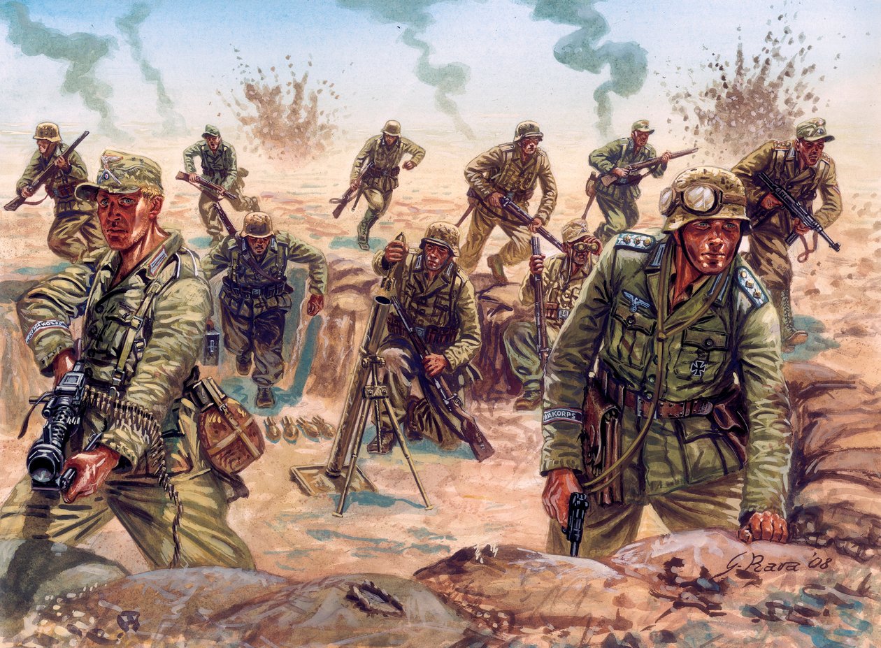 Anden Verdenskrig, Nordafrika-kampagnen: soldat i Deutsches Afrikakorps (Afrika Korps, Afrikakorps eller DAK), den tyske ekspeditionsstyrke, i den libyske ørken af Giuseppe Rava