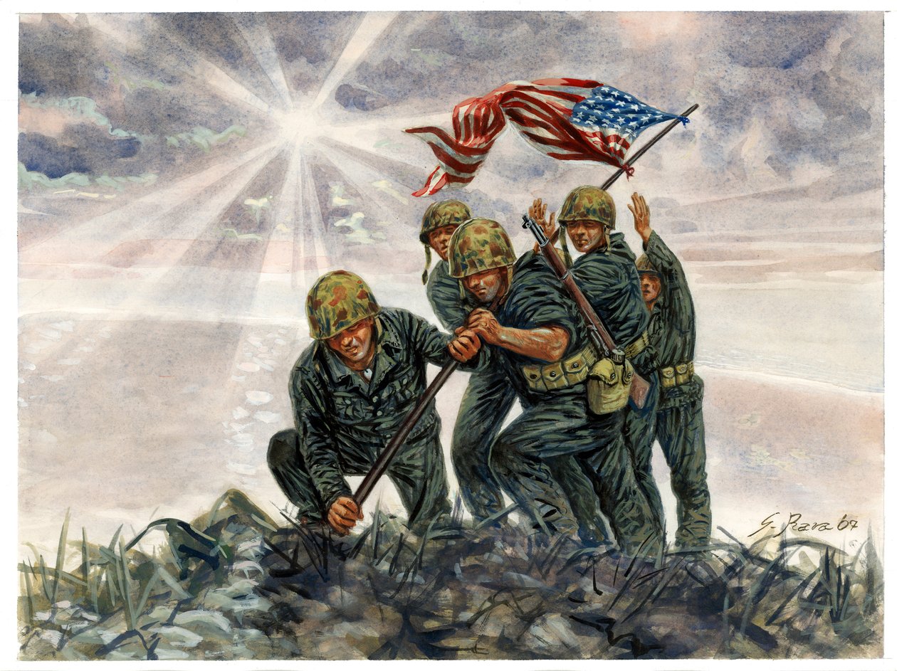 Anden Verdenskrig, Stillehavskrigen: Slaget om Iwo Jima, US Marines sejr i februar 1945 - Anden Verdenskrig, Stillehavskrigen: Slaget om Iwo Jima (Operation Detachment), den amerikanske marinesoldat hejser det amerikanske flag, februar 1945, Japan - Illust af Giuseppe Rava