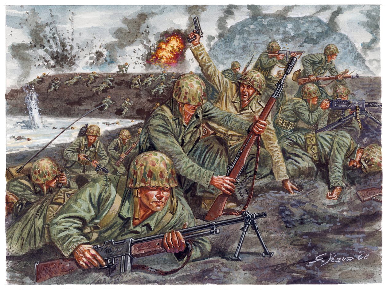 Anden Verdenskrig, Stillehavskrigen: Landgang den 19.2.1945 af marinesoldaternes amfibiekorps under slaget om Iwo Jima i Japan - Anden Verdenskrig, Stillehavskrigen: Slaget om Iwo Jima (Operation Detachment), den amerikanske marines amfibielanding den 19.  af Giuseppe Rava