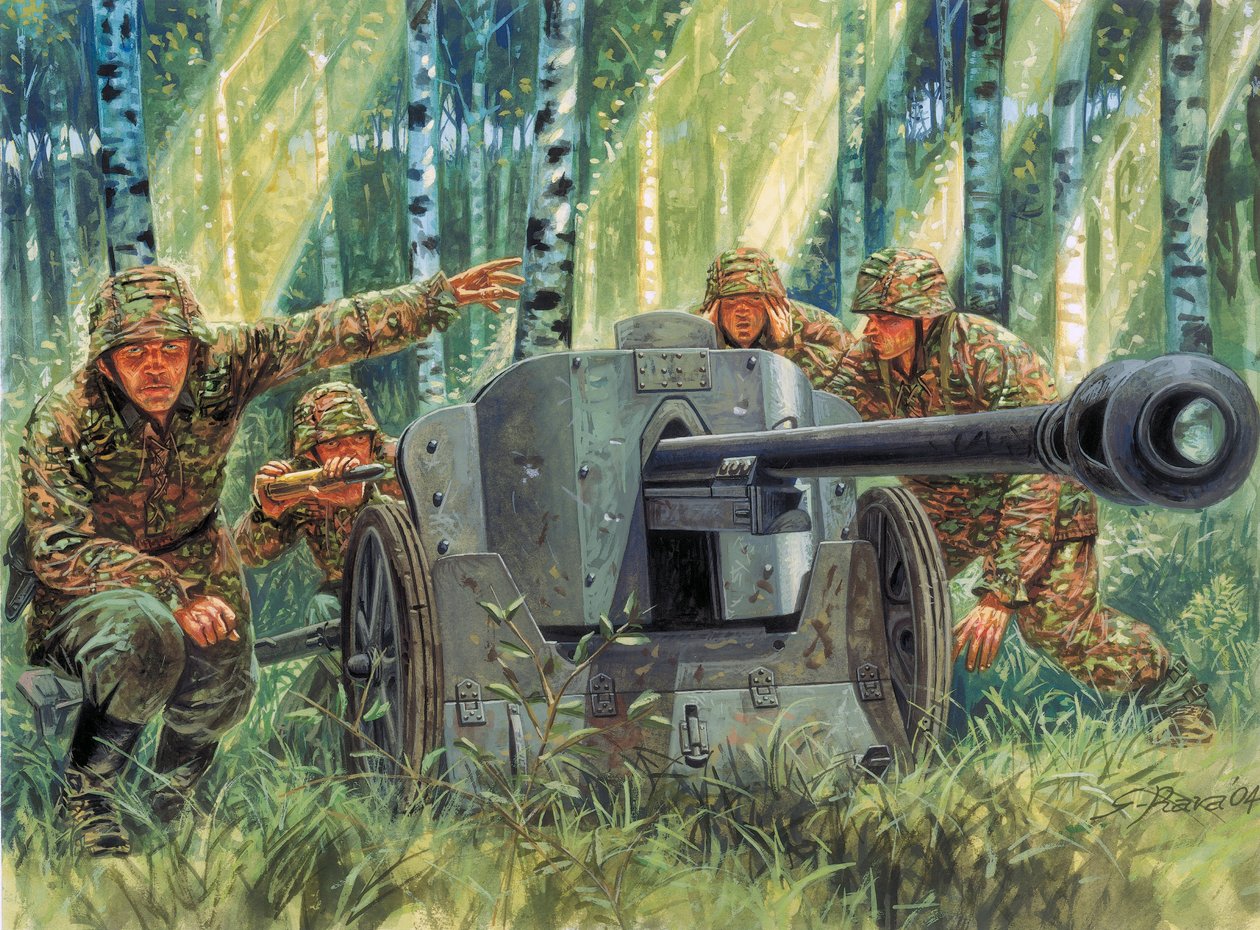 Anden Verdenskrig: Panzerabwehrkanone 38 eller Pak 38, tysk panserværnskanon - Anden Verdenskrig: 5 cm Pak 38, tysk panserværnskanon med en kaliber på 50 mm - Illustration af Giuseppe Rava af Giuseppe Rava