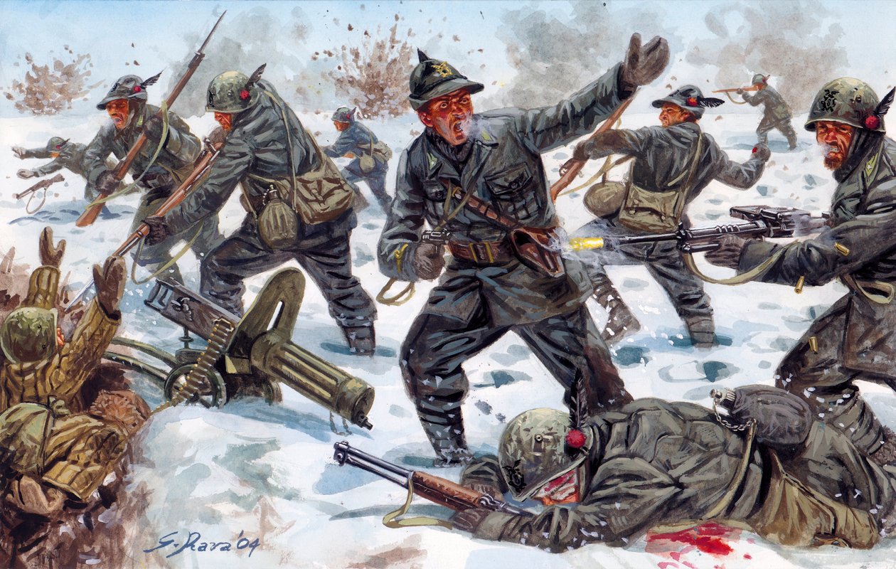 Anden Verdenskrig, den russiske front: Italienske alpejægere i Rusland i januar 1943 - Anden Verdenskrig, russisk front: de italienske alpejægere i Rusland, januar 1943 - Illustration af Giuseppe Rava af Giuseppe Rava