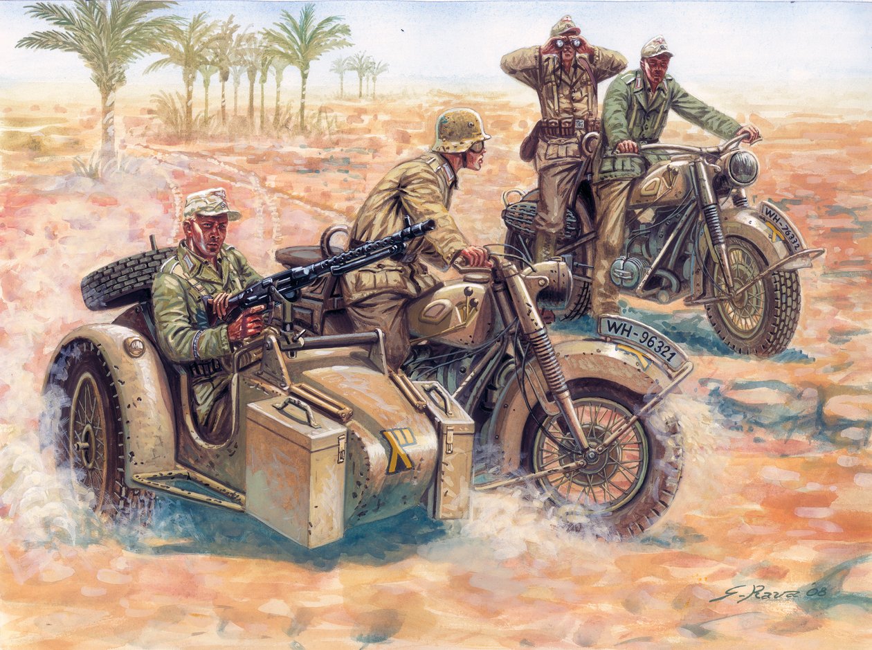 Anden Verdenskrig: Deutsches Afrikakorps (DAK Afrika Korps) ruller i den libyske ørken i sidevogne BMW af Giuseppe Rava