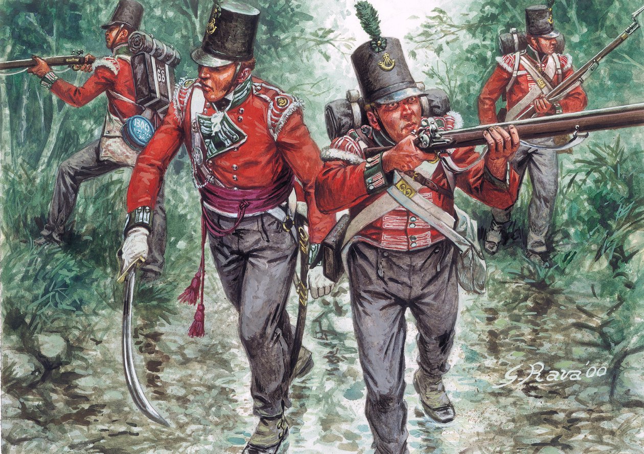 Soldater fra det britiske infanteri patruljerer omkring 1810 - (Soldater fra det britiske infanteri af Giuseppe Rava