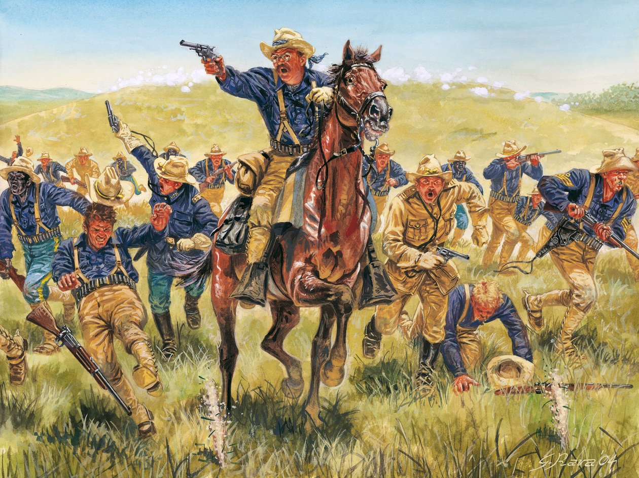 Den spansk-amerikanske krig eller den cubanske uafhængighedskrig (1868-1898) mellem Spanien og Nordamerika: portræt af den amerikanske soldat og politiker Theodore Roosevelt (1858-1919), der angriber med Rough Riders på Cuba - Den spansk-amerikanske krig ( af Giuseppe Rava