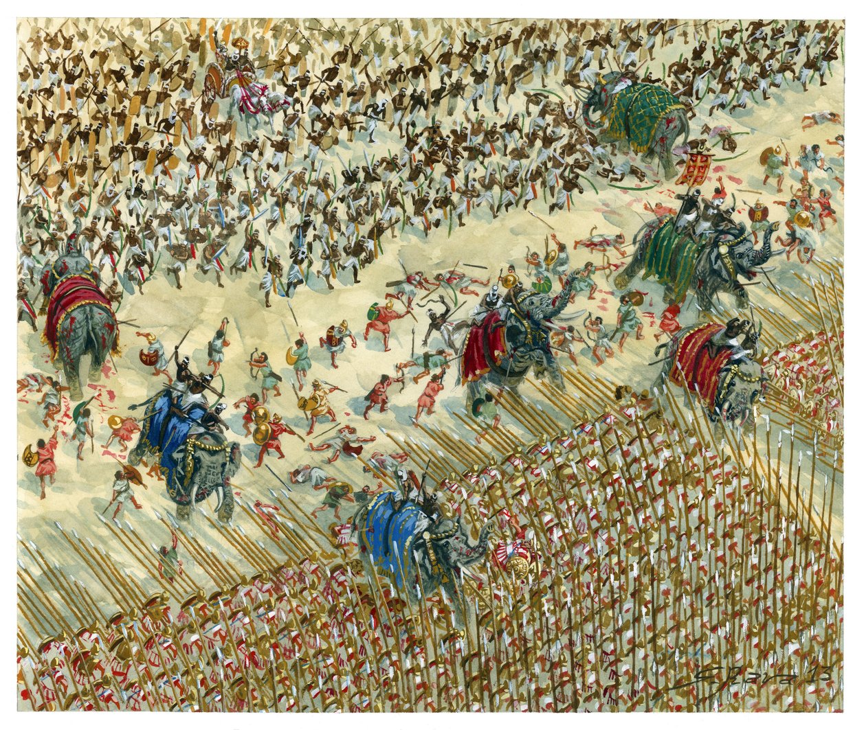 Slaget ved Hydaspes Alexander og Porus kæmper i 327 f.Kr - Alexander den Store fortsætter sin erobring mod Indusdalen - Alexander den Store mod kong Porus under Slaget ved Hydaspes - Illustration af Giuseppe Rava af Giuseppe Rava