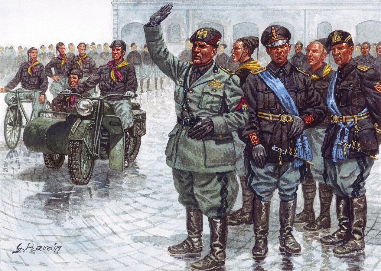 Duce Benito Mussolini (1883-1945), ledsaget af sine sortskjorter (Camicie nere), laver den fascistiske hilsen under en militærparade - Benito Mussolini og sortskjorterne under en militærparade - Illustration af Giuseppe Rava af Giuseppe Rava