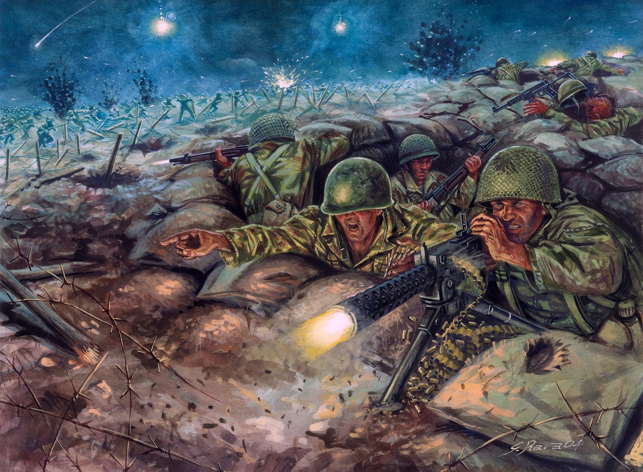 Slaget ved Dien Bien Phu, hvor den franske hær står over for Viet Minhs hær. af Giuseppe Rava