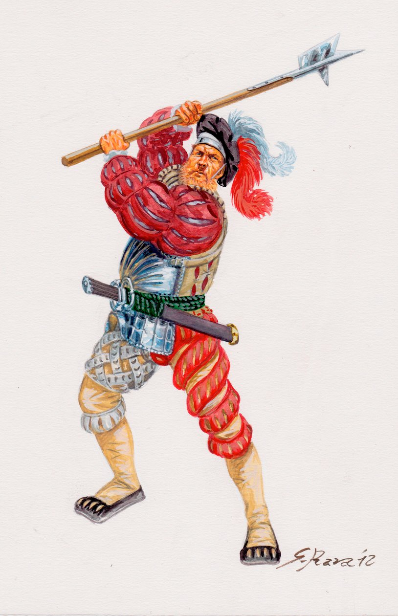 Un Lansquenet, tysk lejesoldat - en Landsknecht tysk lejesoldat - Illustration af Giuseppe Rava af Giuseppe Rava