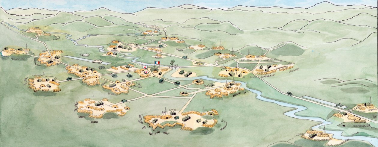 Krigen i Indokina: Plan over slaget ved Dien Bien Phu (Dien-Bien-Phu) mellem den franske hær og Vietnams hær fra november 1953 til maj 1954 - Første Indokina-krig: kort over slaget ved Dien Bien Phu mellem Den Franske Unions Franske Fjernøstekspedition og  af Giuseppe Rava