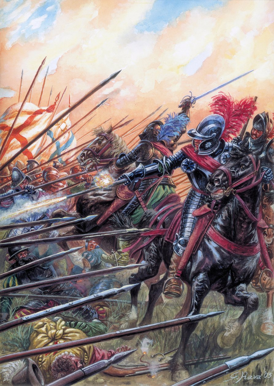 Religionskrigene: Slaget ved Ivry den 14. marts 1590 så den kongelige hær sejre over den katolske liga - Slaget ved Ivry fejret den 14. marts 1590 under de franske religionskrige - Illustration af Giuseppe Rava af Giuseppe Rava