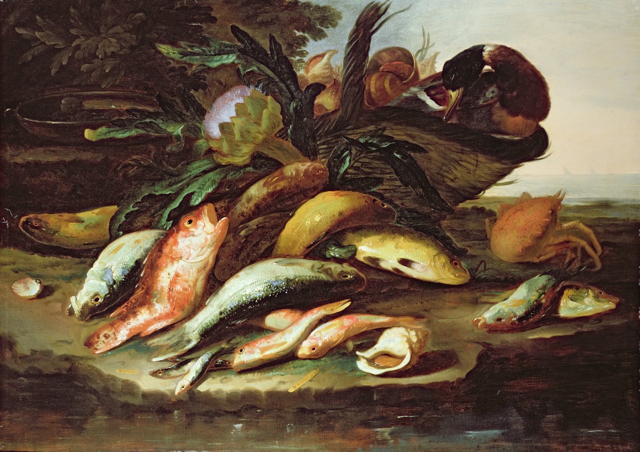 Stilleben med døde fisk og vildt (olie på lærred) af Giuseppe Recco