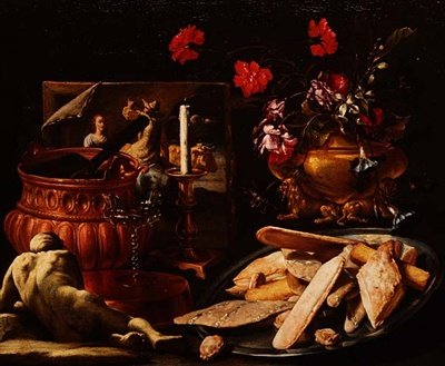 Stilleben med blomster i en forgyldt urne, et maleri og kager på en salver (olie på lærred) af Giuseppe Recco