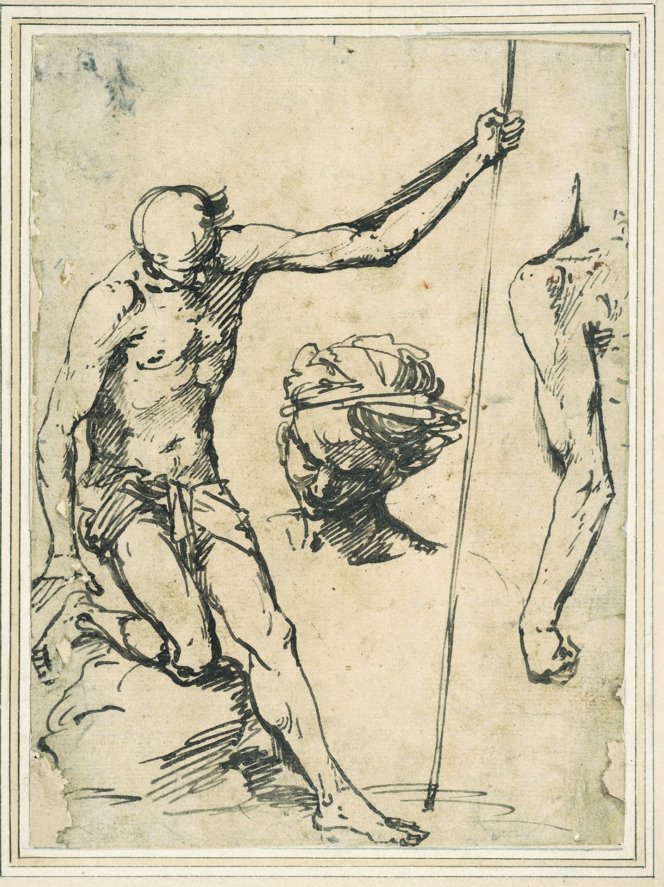 Figurstudier: mand med en stang, hoved af en mand med turban og venstre arm set bagfra af Giuseppe Ribera