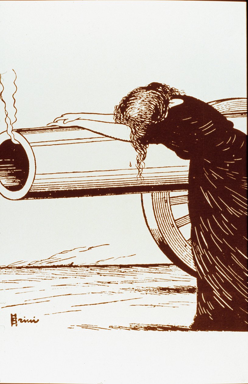 Første Verdenskrig: en allegori om krig, en kvinde, sandsynligvis enke, i fortvivlelse, stoler på en stadig rygende kanon. Plakat af Giuseppe Scalarini (1873-1948) 1914 Privat samling Bemærk! Brugen af dette værk kan være betinget af en anmodning om autori af Giuseppe Scalarini