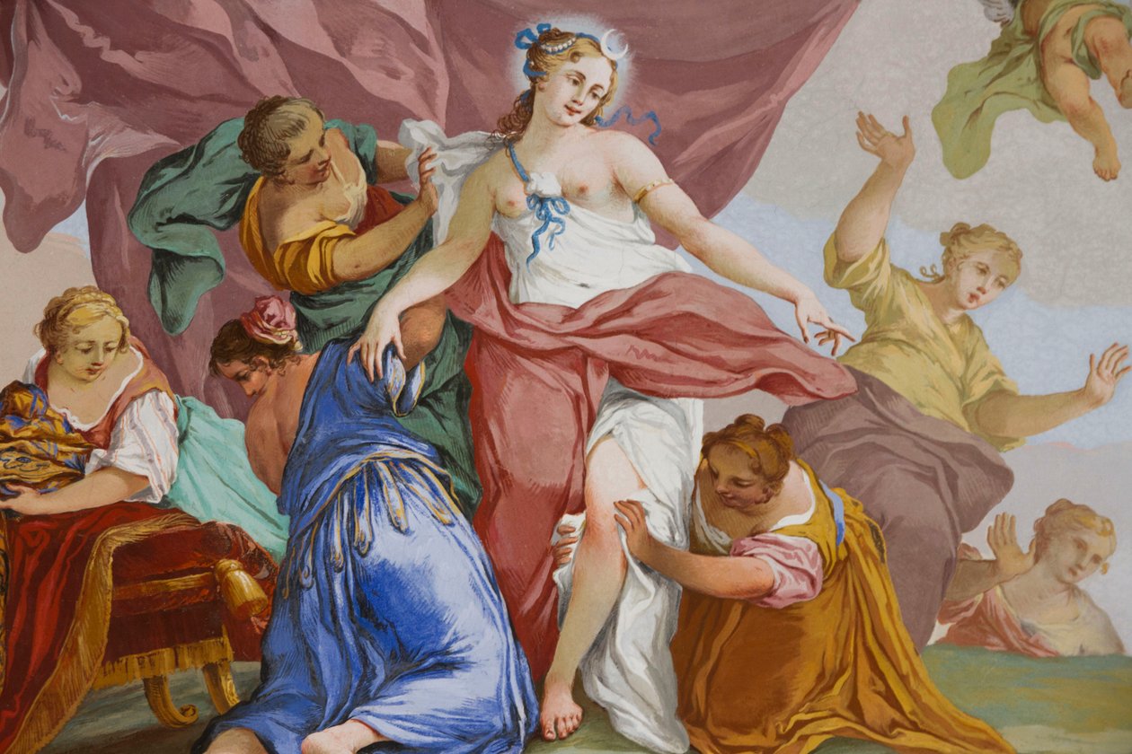 Repræsentationer af myten om Diana, af Domenico og Giuseppe Valeriani, fresco, hvælvet loft i soveværelset, Kongens lejlighed, Jagtbolig, af Filippo Juvarra (1678-1736), Stupinigi, Piemonte, Italien af Giuseppe and Valeriani Domenico Valeriani