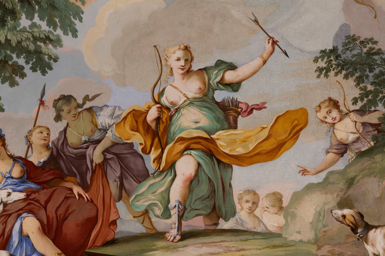 Repræsentationer af myten om Diana, af Domenico og Giuseppe Valeriani, fresco, hvælvet loft i soveværelset, Kongens lejlighed, Jagtbolig, af Filippo Juvarra (1678-1736), Stupinigi, Piemonte, Italien af Giuseppe and Valeriani Domenico Valeriani