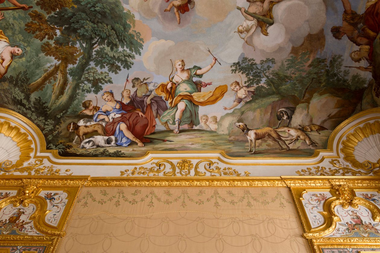 Repræsentationer af myten om Diana, af Domenico og Giuseppe Valeriani, fresco, hvælvet loft i soveværelset, Kongens lejlighed, Jagtbolig, af Filippo Juvarra (1678-1736), Stupinigi, Piemonte, Italien af Giuseppe and Valeriani Domenico Valeriani