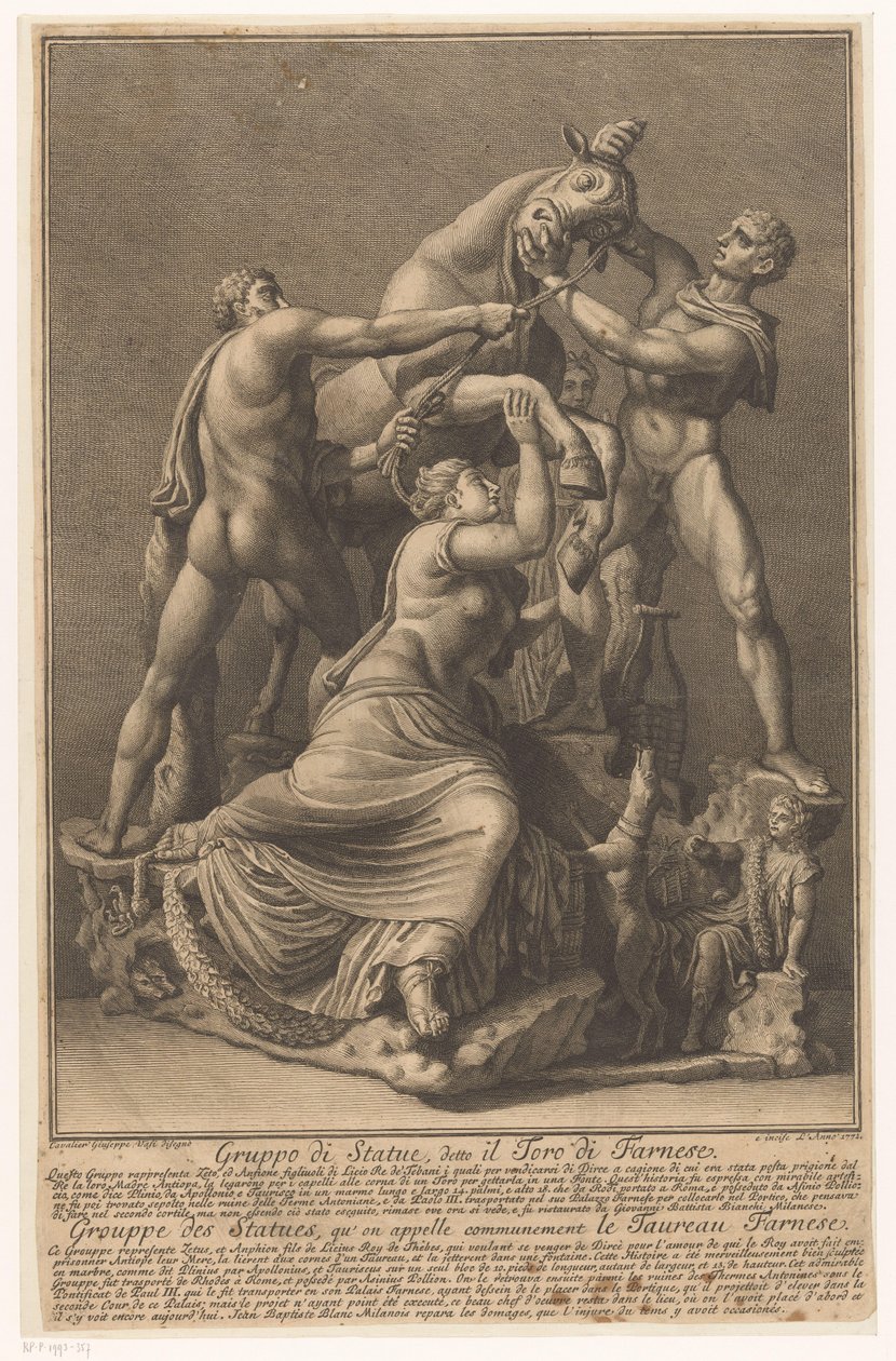 Dirce bliver til en stier bundet Farnese Stier Gruppe af statuer, kaldet Farnese Bull / Grouppe des Statues, qu 